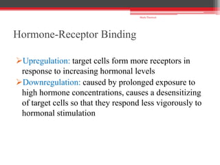 Hormone-Receptor Binding
Upregulation: target cells form more receptors in
response to increasing hormonal levels
Downregulation: caused by prolonged exposure to
high hormone concentrations, causes a desensitizing
of target cells so that they respond less vigorously to
hormonal stimulation
Shalu Thariwal
 