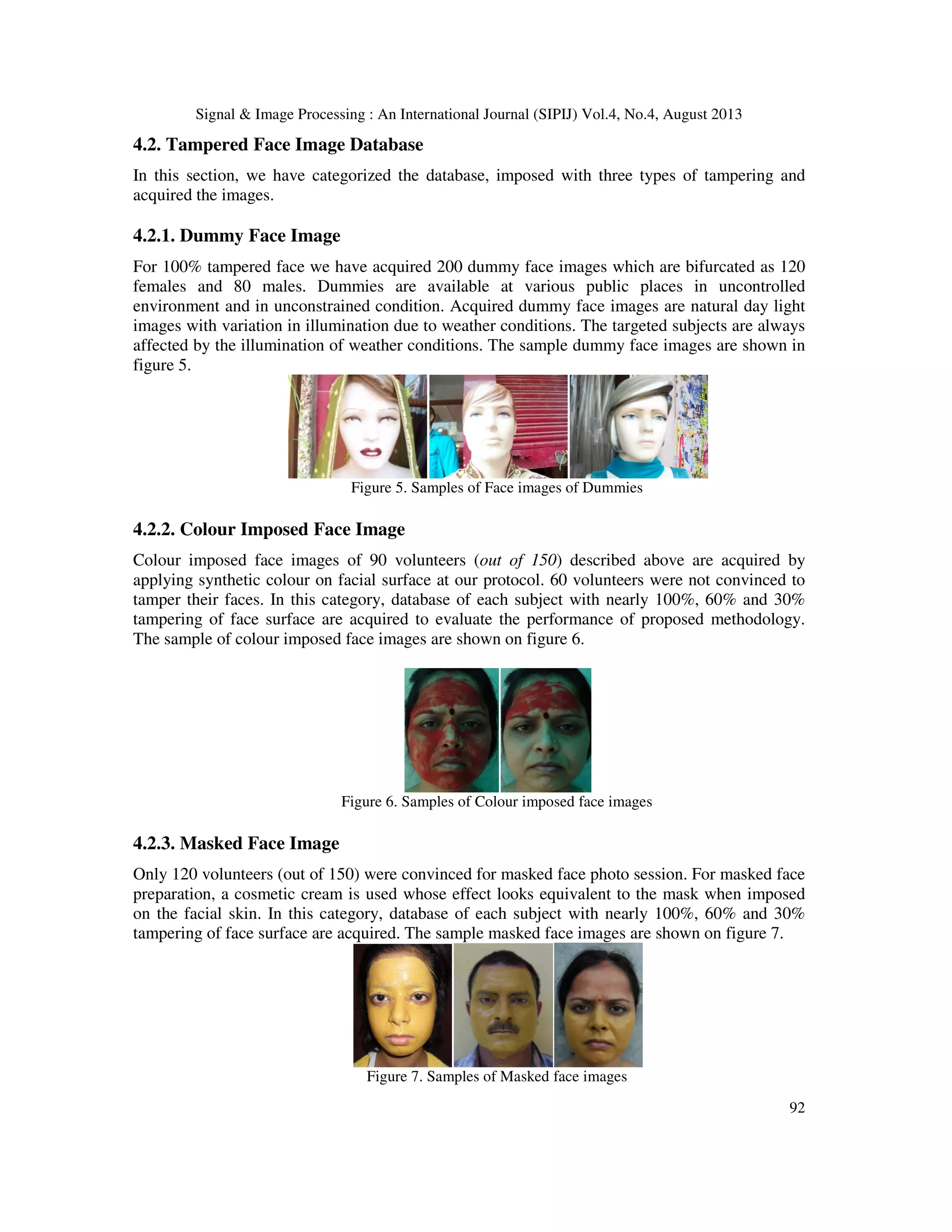Signal & Image Processing : An International Journal (SIPIJ) Vol.4, No.4, August 2013
92
4.2. Tampered Face Image Database
In this section, we have categorized the database, imposed with three types of tampering and
acquired the images.
4.2.1. Dummy Face Image
For 100% tampered face we have acquired 200 dummy face images which are bifurcated as 120
females and 80 males. Dummies are available at various public places in uncontrolled
environment and in unconstrained condition. Acquired dummy face images are natural day light
images with variation in illumination due to weather conditions. The targeted subjects are always
affected by the illumination of weather conditions. The sample dummy face images are shown in
figure 5.
Figure 5. Samples of Face images of Dummies
4.2.2. Colour Imposed Face Image
Colour imposed face images of 90 volunteers (out of 150) described above are acquired by
applying synthetic colour on facial surface at our protocol. 60 volunteers were not convinced to
tamper their faces. In this category, database of each subject with nearly 100%, 60% and 30%
tampering of face surface are acquired to evaluate the performance of proposed methodology.
The sample of colour imposed face images are shown on figure 6.
Figure 6. Samples of Colour imposed face images
4.2.3. Masked Face Image
Only 120 volunteers (out of 150) were convinced for masked face photo session. For masked face
preparation, a cosmetic cream is used whose effect looks equivalent to the mask when imposed
on the facial skin. In this category, database of each subject with nearly 100%, 60% and 30%
tampering of face surface are acquired. The sample masked face images are shown on figure 7.
Figure 7. Samples of Masked face images
 