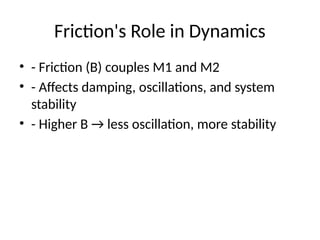 Friction's Role in Dynamics
• - Friction (B) couples M1 and M2
• - Affects damping, oscillations, and system
stability
• - Higher B → less oscillation, more stability
 