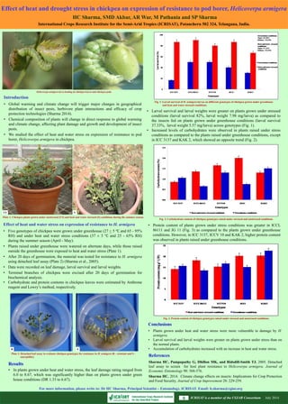 Effect of heat and drought stress in chickpea on expression of resistance to pod borer, Helicoverpa armigera
HC Sharma, SMD Akbar, AR War, M Pathania and SP Sharma
International Crops Research Institute for the Semi-Arid Tropics (ICRISAT), Patancheru 502 324, Telangana, India.
Conclusions
• Plants grown under heat and water stress were more vulnerable to damage by H.
armigera.
• Larval survival and larval weights were greater on plants grown under stress than on
the normal plants.
• Accumulation of carbohydrates increased with an increase in heat and water stress.
References
Sharma HC, Pampapathy G, Dhillon MK, and Ridsdill-Smith TJ. 2005. Detached
leaf assay to screen for host plant resistance to Helicoverpa armigera. Journal of
Economic Entomology 98: 568-576.
Sharma HC. 2014. Climate change effects on insects: Implications for Crop Protection
and Food Security. Journal of Crop Improvement 28: 229-259.
For more information, please write to: Dr HC Sharma, Principal Scientist – Entomology, ICRISAT. Email: h.sharma@cgiar.org
Effect of heat and water stress on expression of resistance to H. armigera
• Five genotypes of chickpea were grown under greenhouse (27 + 5 ℃ and 65 - 95%
RH) and under heat and water stress conditions (37 ± 5 ℃ and 25 - 65% RH)
during the summer season (April - May).
• Plants raised under greenhouse were watered on alternate days, while those raised
outside the greenhouse were exposed to heat and water stress (Plate 1).
• After 20 days of germination, the material was tested for resistance to H. armigera
using detached leaf assay (Plate 2) (Sharma et al., 2005).
• Data were recorded on leaf damage, larval survival and larval weights.
• Terminal branches of chickpea were excised after 20 days of germination for
biochemical analysis.
• Carbohydrate and protein contents in chickpea leaves were estimated by Anthrone
reagent and Lowry’s method, respectively.
• Larval survival and larval weights were greater on plants grown under stressed
conditions (larval survival 82%, larval weight 7.98 mg/larva) as compared to
the insects fed on plants grown under greenhouse conditions (larval survival
37.33%, larval weight 5.57 mg/larva) across genotypes (Fig. 1).
• Increased levels of carbohydrates were observed in plants raised under stress
conditions as compared to the plants raised under greenhouse conditions, except
in ICC 3137 and KAK 2, which showed an opposite trend (Fig. 2).
Helicoverpa armigera larva feeding on chickpea leaves and chickpea pods.
Plate 1. Chickpea plants grown under unstressed (US) and heat and water stressed (S) conditions during the summer season.
US S
July 2014ICRISAT is a member of the CGIAR Consortium
Fig. 3. Protein content of chickpea genotypes raised under stressed and unstressed conditions.
Fig. 1. Larval survival of H. armigera larvae on different genotypes of chickpea grown under greenhouse
and heat and water stressed conditions.
Plate 2. Detached leaf assay to evaluate chickpea genotypes for resistance to H. armigera (R - resistant and S -
susceptible).
SR
Fig. 2. Carbohydrate content of chickpea genotypes raised under stressed and unstressed conditions.
Results
• In plants grown under heat and water stress, the leaf damage rating ranged from
6.0 to 8.67, which was significantly higher than on plants grown under green
house conditions (DR 1.33 to 6.67).
Introduction
• Global warming and climate change will trigger major changes in geographical
distribution of insect pests, herbivore plant interactions and efficacy of crop
protection technologies (Sharma 2014).
• Chemical composition of plants will change in direct response to global warming
and climate change, affecting plant damage and growth and development of insect
pests.
• We studied the effect of heat and water stress on expression of resistance to pod
borer, Helicoverpa armigera in chickpea.
• Protein content of plants grown under stress conditions was greater in ICCL
86111 and JG 11 (Fig. 3) as compared to the plants grown under greenhouse
conditions. However, in ICC 3137, ICCV 10 and KAK 2, higher protein content
was observed in plants raised under greenhouse conditions.
 