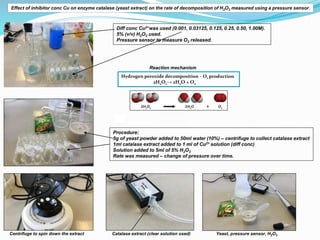 Centrifuge to spin down the extract Catalase extract (clear solution used) Yeast, pressure sensor, H2O2
Diff conc Cu2+was ...