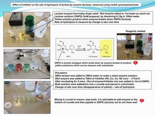 Effect of inhibitor on the rate of hydrolysis of lactose by enzyme (lactase), measured using visible spectrophotometer.
La...