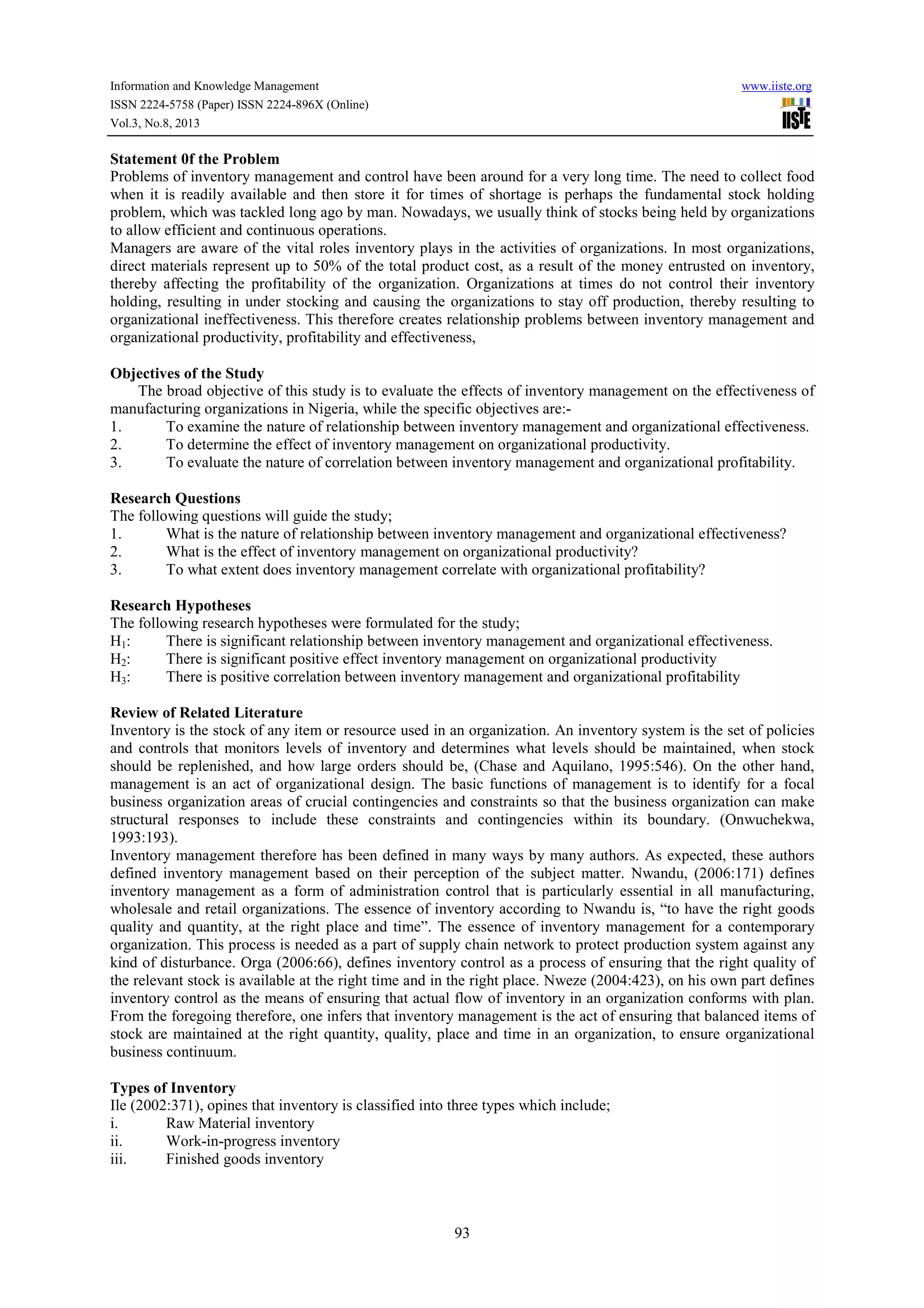 Effect of inventory management on organisational effectiveness | PDF