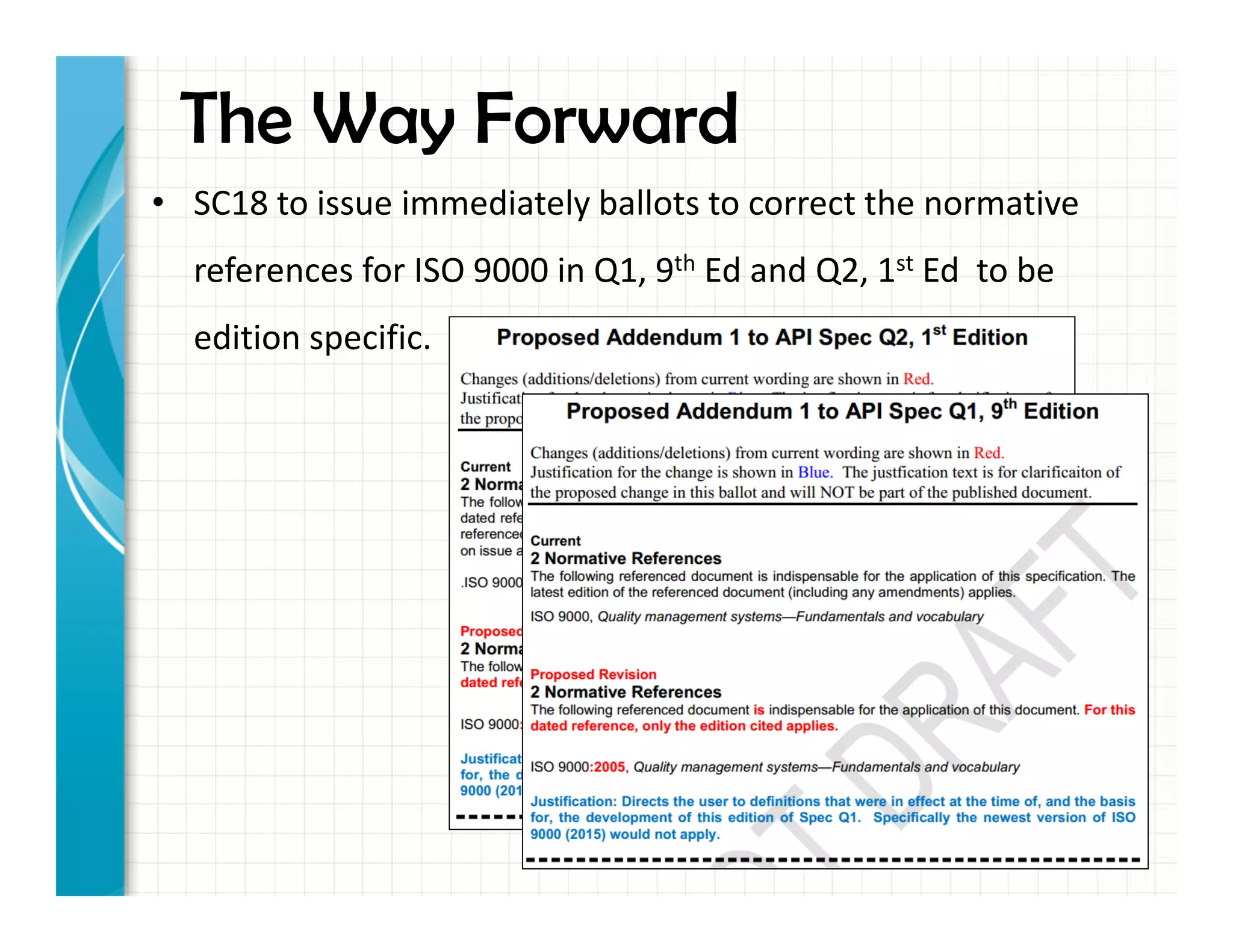 The Way Forward
• SC18 to issue immediately ballots to correct the normative
references for ISO 9000 in Q1, 9th Ed and Q2, 1st Ed to be
edition specific.
 