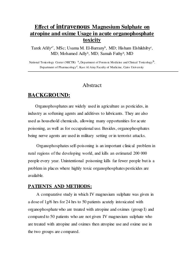 Effect of iv magnesium sulphate on atropine and oxime usage in acute
