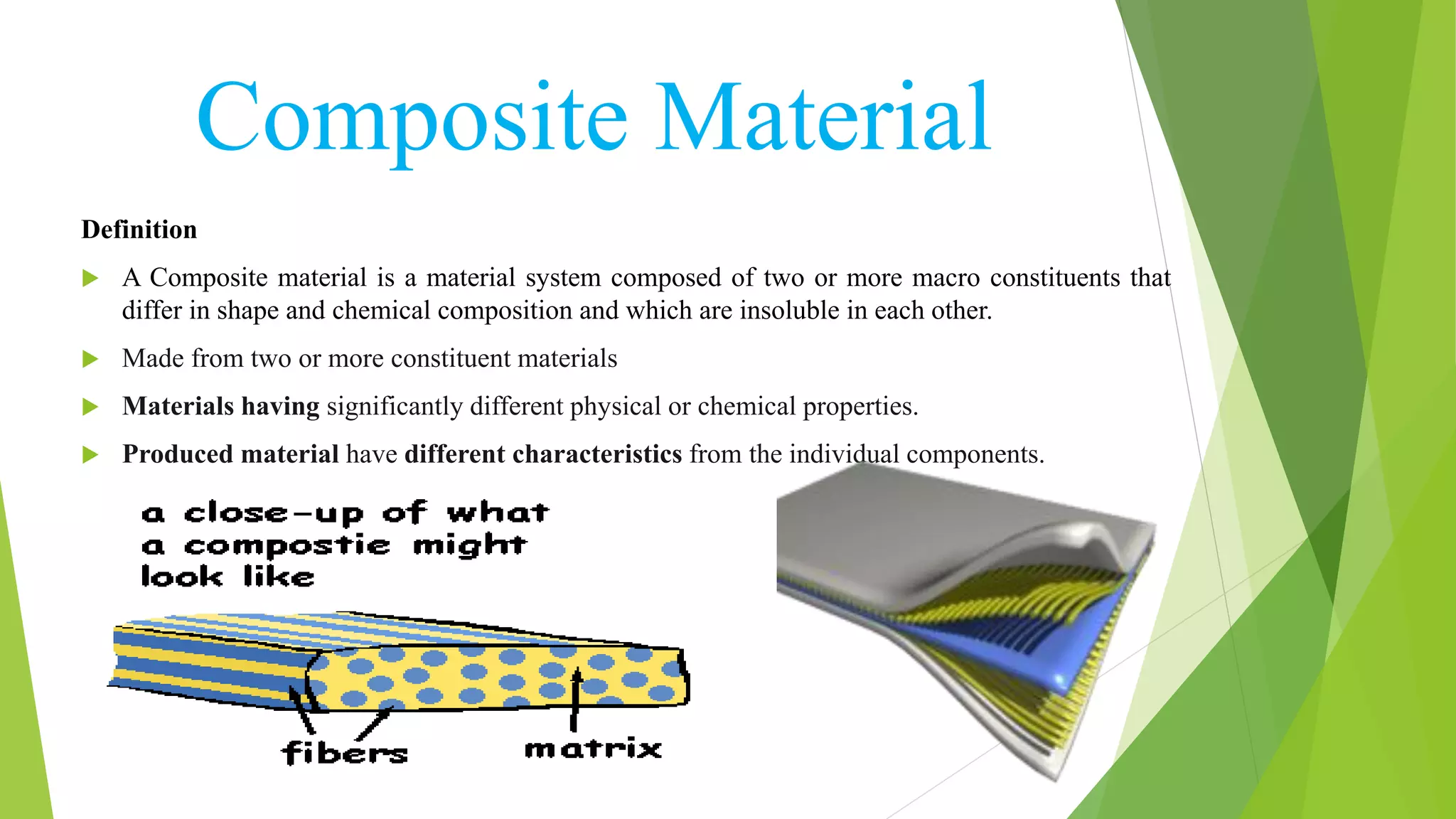 Composite Material
Definition
 A Composite material is a material system composed of two or more macro constituents that
differ in shape and chemical composition and which are insoluble in each other.
 Made from two or more constituent materials
 Materials having significantly different physical or chemical properties.
 Produced material have different characteristics from the individual components.
 