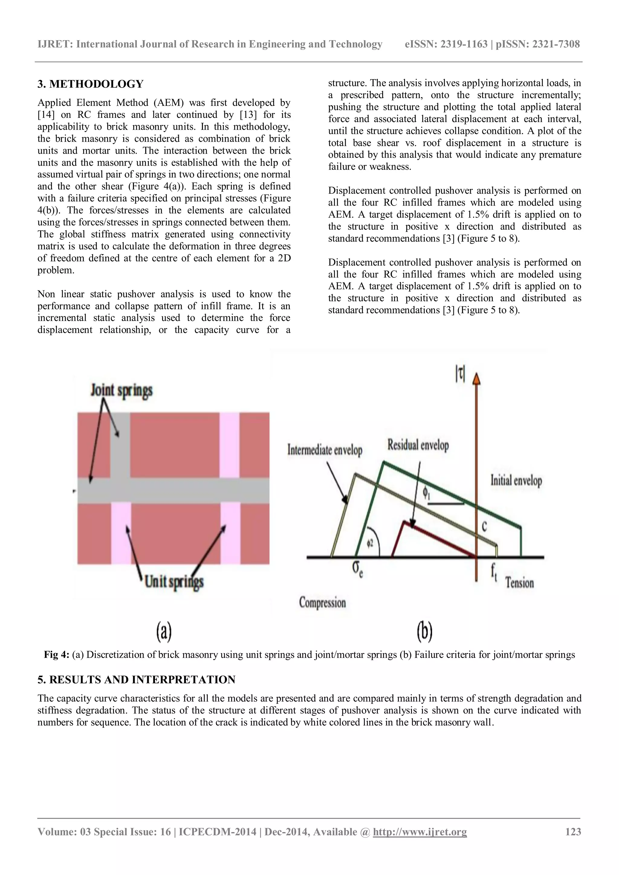 IJRET: International Journal of Research in Engineering and Technology eISSN: 2319-1163 | pISSN: 2321-7308
_______________________________________________________________________________________
Volume: 03 Special Issue: 16 | ICPECDM-2014 | Dec-2014, Available @ http://www.ijret.org 123
3. METHODOLOGY
Applied Element Method (AEM) was first developed by
[14] on RC frames and later continued by [13] for its
applicability to brick masonry units. In this methodology,
the brick masonry is considered as combination of brick
units and mortar units. The interaction between the brick
units and the masonry units is established with the help of
assumed virtual pair of springs in two directions; one normal
and the other shear (Figure 4(a)). Each spring is defined
with a failure criteria specified on principal stresses (Figure
4(b)). The forces/stresses in the elements are calculated
using the forces/stresses in springs connected between them.
The global stiffness matrix generated using connectivity
matrix is used to calculate the deformation in three degrees
of freedom defined at the centre of each element for a 2D
problem.
Non linear static pushover analysis is used to know the
performance and collapse pattern of infill frame. It is an
incremental static analysis used to determine the force
displacement relationship, or the capacity curve for a
structure. The analysis involves applying horizontal loads, in
a prescribed pattern, onto the structure incrementally;
pushing the structure and plotting the total applied lateral
force and associated lateral displacement at each interval,
until the structure achieves collapse condition. A plot of the
total base shear vs. roof displacement in a structure is
obtained by this analysis that would indicate any premature
failure or weakness.
Displacement controlled pushover analysis is performed on
all the four RC infilled frames which are modeled using
AEM. A target displacement of 1.5% drift is applied on to
the structure in positive x direction and distributed as
standard recommendations [3] (Figure 5 to 8).
Displacement controlled pushover analysis is performed on
all the four RC infilled frames which are modeled using
AEM. A target displacement of 1.5% drift is applied on to
the structure in positive x direction and distributed as
standard recommendations [3] (Figure 5 to 8).
Fig 4: (a) Discretization of brick masonry using unit springs and joint/mortar springs (b) Failure criteria for joint/mortar springs
5. RESULTS AND INTERPRETATION
The capacity curve characteristics for all the models are presented and are compared mainly in terms of strength degradation and
stiffness degradation. The status of the structure at different stages of pushover analysis is shown on the curve indicated with
numbers for sequence. The location of the crack is indicated by white colored lines in the brick masonry wall.
 