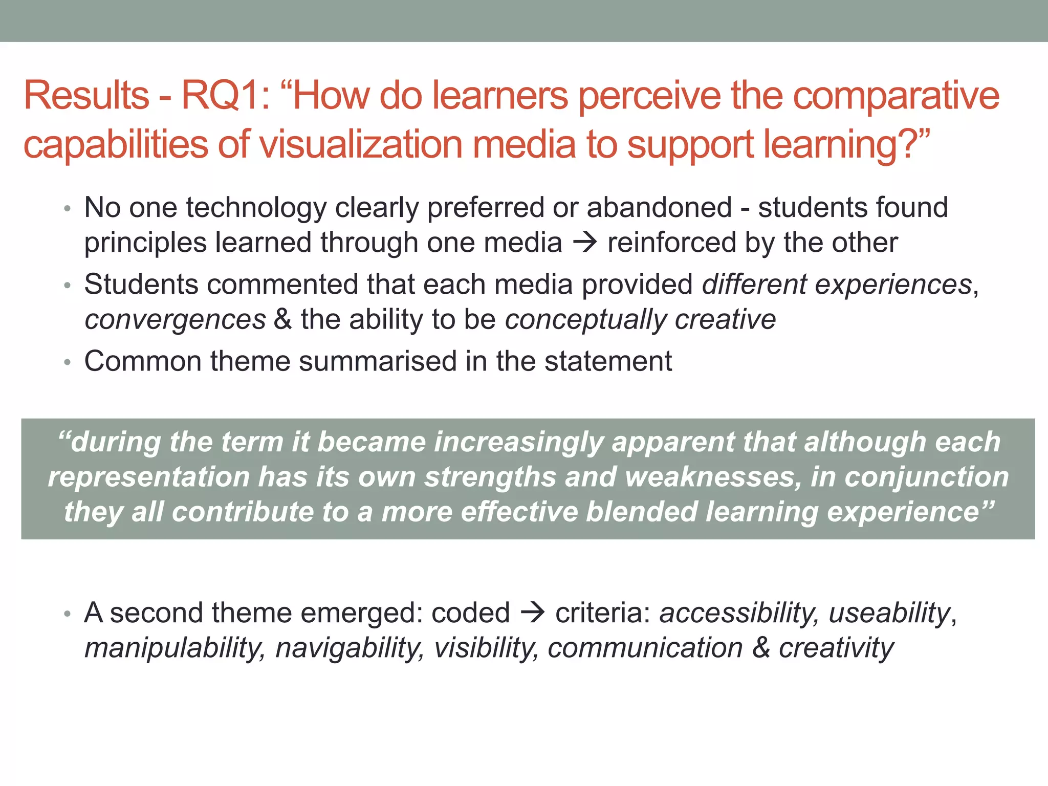Results - RQ1: “How do learners perceive the comparative
capabilities of visualization media to support learning?”
• No one technology clearly preferred or abandoned - students found
principles learned through one media  reinforced by the other
• Students commented that each media provided different experiences,
convergences & the ability to be conceptually creative
• Common theme summarised in the statement
• A second theme emerged: coded  criteria: accessibility, useability,
manipulability, navigability, visibility, communication & creativity
“during the term it became increasingly apparent that although each
representation has its own strengths and weaknesses, in conjunction
they all contribute to a more effective blended learning experience”
 