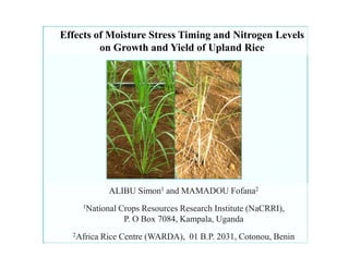 Effects of Moisture Stress Timing and Nitrogen Levels
         on Growth and Yield of Upland Rice




              ALIBU Simon1 and MAMADOU Fofana2
     1National   Crops Resources Research Institute (NaCRRI),
                  P. O Box 7084, Kampala, Uganda
  2Africa   Rice Centre (WARDA), 01 B.P. 2031, Cotonou, Benin
 