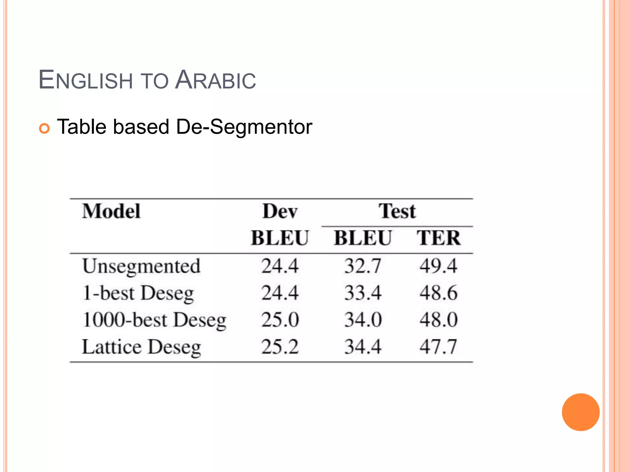 ENGLISH TO ARABIC
 Table based De-Segmentor
 