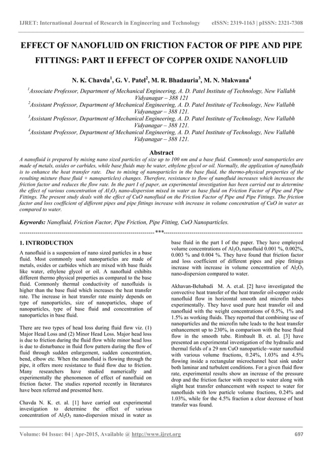 Effect of nanofluid on friction factor of pipe and pipe fittings part