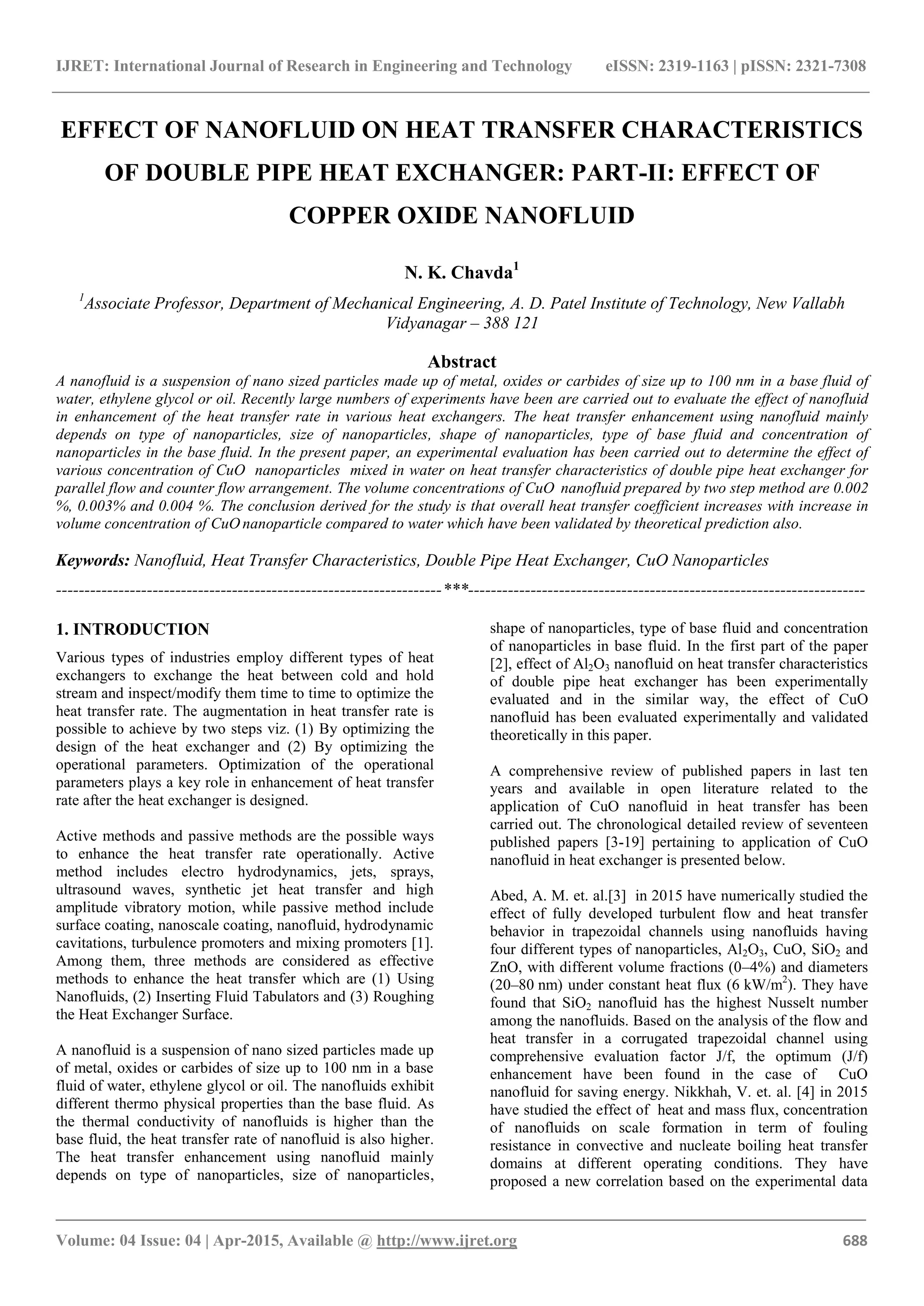 Effect of nanofluid on heat transfer characteristics of double pipe ...