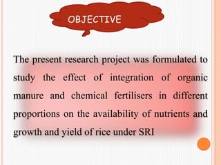 OBJECTIVE
The present research project was formulated to
study the effect of integration of organic
manure and chemical fertilisers in different
proportions on the availability of nutrients and
growth and yield of rice under SRI
 