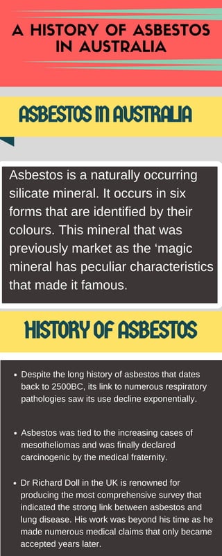 A HISTORY OF ASBESTOS
IN AUSTRALIA
ASBESTOSINAUSTRALIA
Asbestos is a naturally occurring
silicate mineral. It occurs in six
forms that are identified by their
colours. This mineral that was
previously market as the ‘magic
mineral has peculiar characteristics
that made it famous.
HISTORYOFASBESTOS 
Despite the long history of asbestos that dates
back to 2500BC, its link to numerous respiratory
pathologies saw its use decline exponentially.
Asbestos was tied to the increasing cases of
mesotheliomas and was finally declared
carcinogenic by the medical fraternity.
Dr Richard Doll in the UK is renowned for
producing the most comprehensive survey that
indicated the strong link between asbestos and
lung disease. His work was beyond his time as he
made numerous medical claims that only became
accepted years later.
 