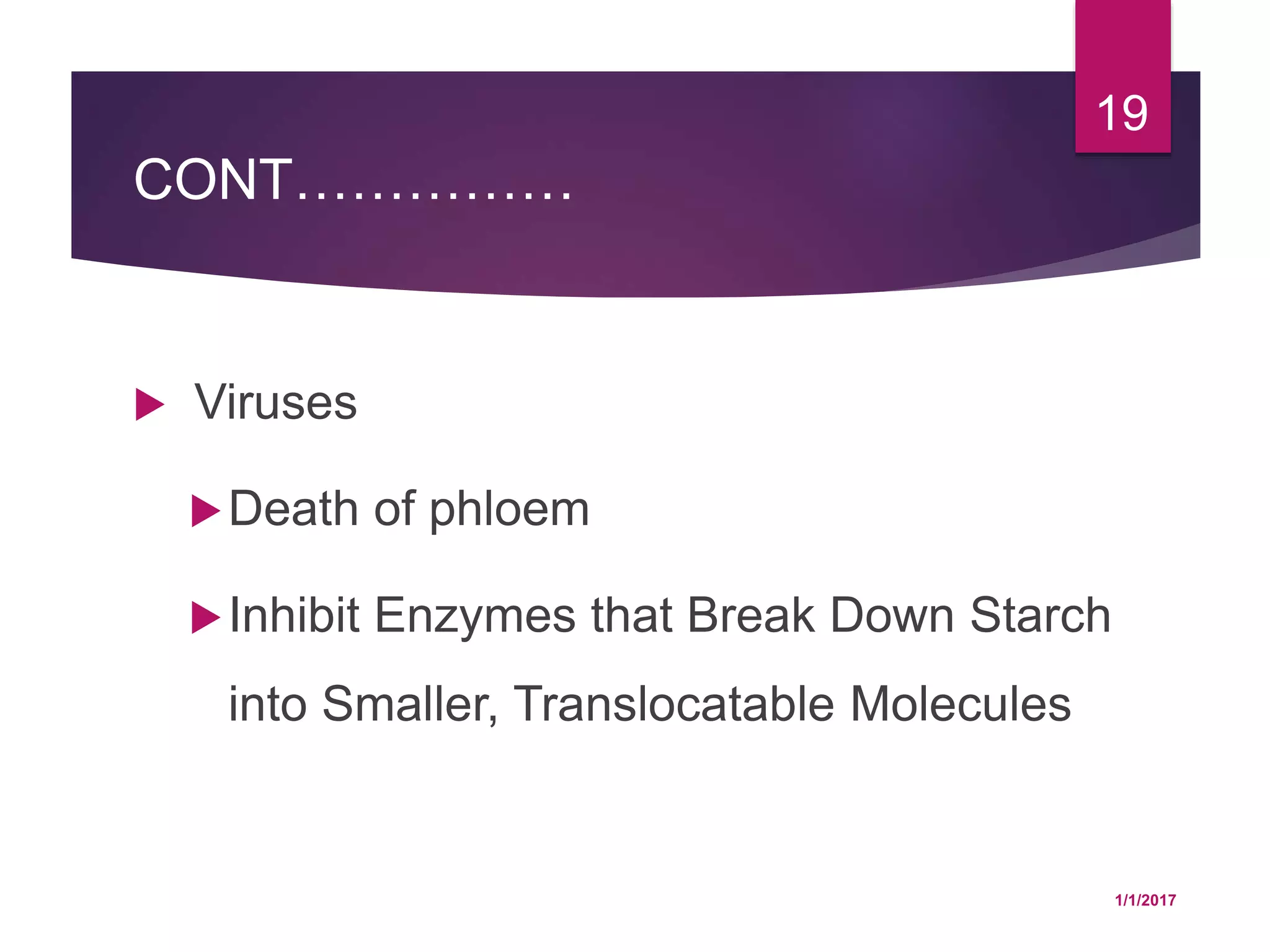 CONT……………
 Viruses
Death of phloem
Inhibit Enzymes that Break Down Starch
into Smaller, Translocatable Molecules
1/1/2017
19
 