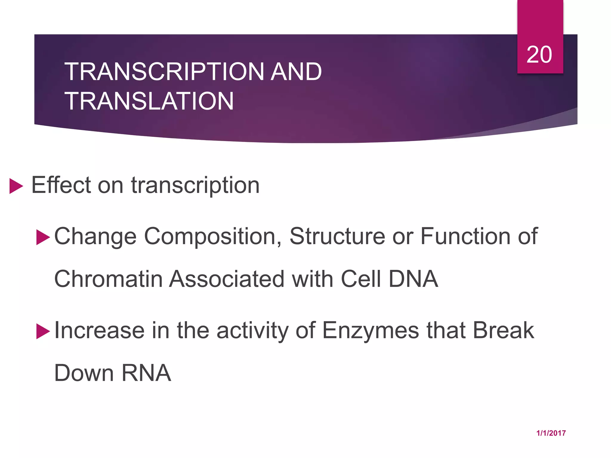 TRANSCRIPTION AND
TRANSLATION
 Effect on transcription
Change Composition, Structure or Function of
Chromatin Associated with Cell DNA
Increase in the activity of Enzymes that Break
Down RNA
1/1/2017
20
 