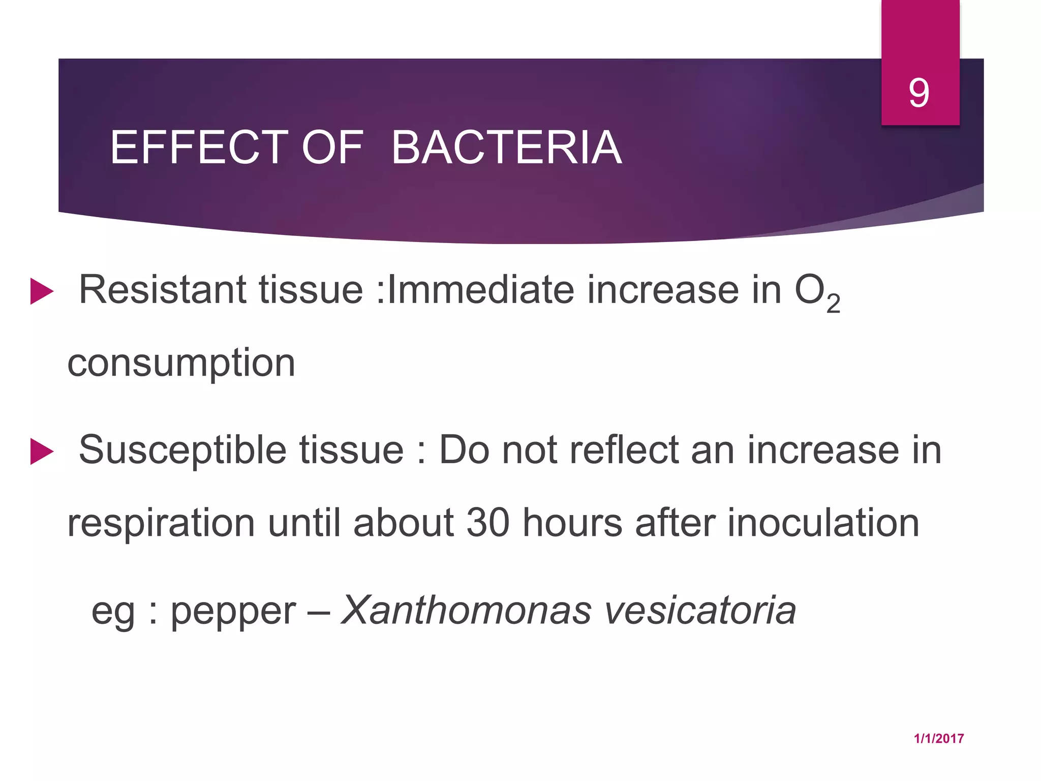 EFFECT OF BACTERIA
 Resistant tissue :Immediate increase in O2
consumption
 Susceptible tissue : Do not reflect an increase in
respiration until about 30 hours after inoculation
eg : pepper – Xanthomonas vesicatoria
1/1/2017
9
 