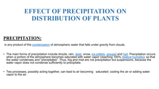 EFFECT OF PRECIPITATION ON
DISTRIBUTION OF PLANTS
PRECIPITATION:
is any product of the condensation of atmospheric water that falls under gravity from clouds.
• The main forms of precipitation include drizzle, rain, sleet, snow, ice pellets, graupel and hail. Precipitation occurs
when a portion of the atmosphere becomes saturated with water vapor (reaching 100% relative humidity), so that
the water condenses and "precipitates". Thus, fog and mist are not precipitation but suspensions, because the
water vapor does not condense sufficiently to precipitate.
• Two processes, possibly acting together, can lead to air becoming saturated: cooling the air or adding water
vapor to the air.
 