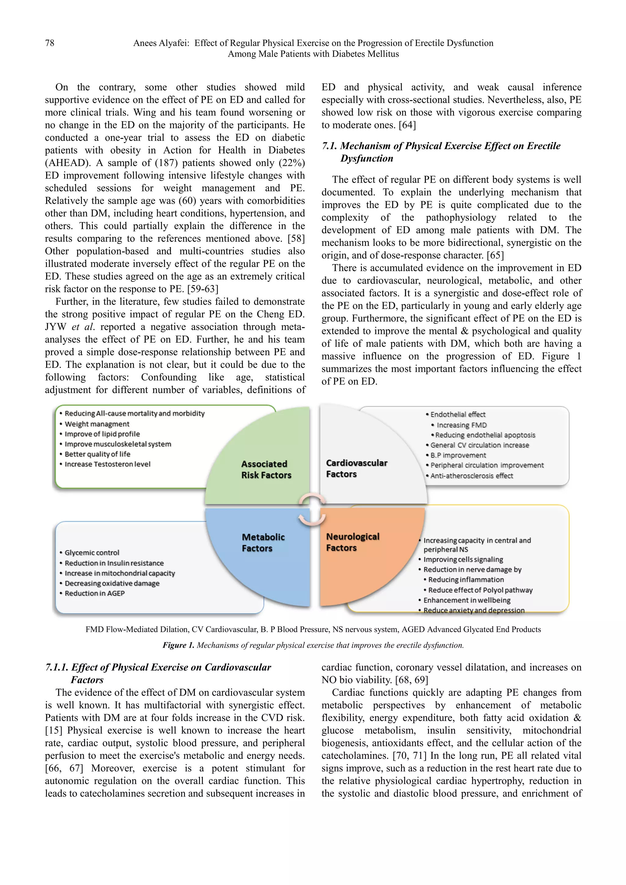 78 Anees Alyafei: Effect of Regular Physical Exercise on the Progression of Erectile Dysfunction
Among Male Patients with Diabetes Mellitus
On the contrary, some other studies showed mild
supportive evidence on the effect of PE on ED and called for
more clinical trials. Wing and his team found worsening or
no change in the ED on the majority of the participants. He
conducted a one-year trial to assess the ED on diabetic
patients with obesity in Action for Health in Diabetes
(AHEAD). A sample of (187) patients showed only (22%)
ED improvement following intensive lifestyle changes with
scheduled sessions for weight management and PE.
Relatively the sample age was (60) years with comorbidities
other than DM, including heart conditions, hypertension, and
others. This could partially explain the difference in the
results comparing to the references mentioned above. [58]
Other population-based and multi-countries studies also
illustrated moderate inversely effect of the regular PE on the
ED. These studies agreed on the age as an extremely critical
risk factor on the response to PE. [59-63]
Further, in the literature, few studies failed to demonstrate
the strong positive impact of regular PE on the Cheng ED.
JYW et al. reported a negative association through meta-
analyses the effect of PE on ED. Further, he and his team
proved a simple dose-response relationship between PE and
ED. The explanation is not clear, but it could be due to the
following factors: Confounding like age, statistical
adjustment for different number of variables, definitions of
ED and physical activity, and weak causal inference
especially with cross-sectional studies. Nevertheless, also, PE
showed low risk on those with vigorous exercise comparing
to moderate ones. [64]
7.1. Mechanism of Physical Exercise Effect on Erectile
Dysfunction
The effect of regular PE on different body systems is well
documented. To explain the underlying mechanism that
improves the ED by PE is quite complicated due to the
complexity of the pathophysiology related to the
development of ED among male patients with DM. The
mechanism looks to be more bidirectional, synergistic on the
origin, and of dose-response character. [65]
There is accumulated evidence on the improvement in ED
due to cardiovascular, neurological, metabolic, and other
associated factors. It is a synergistic and dose-effect role of
the PE on the ED, particularly in young and early elderly age
group. Furthermore, the significant effect of PE on the ED is
extended to improve the mental & psychological and quality
of life of male patients with DM, which both are having a
massive influence on the progression of ED. Figure 1
summarizes the most important factors influencing the effect
of PE on ED.
FMD Flow-Mediated Dilation, CV Cardiovascular, B. P Blood Pressure, NS nervous system, AGED Advanced Glycated End Products
Figure 1. Mechanisms of regular physical exercise that improves the erectile dysfunction.
7.1.1. Effect of Physical Exercise on Cardiovascular
Factors
The evidence of the effect of DM on cardiovascular system
is well known. It has multifactorial with synergistic effect.
Patients with DM are at four folds increase in the CVD risk.
[15] Physical exercise is well known to increase the heart
rate, cardiac output, systolic blood pressure, and peripheral
perfusion to meet the exercise's metabolic and energy needs.
[66, 67] Moreover, exercise is a potent stimulant for
autonomic regulation on the overall cardiac function. This
leads to catecholamines secretion and subsequent increases in
cardiac function, coronary vessel dilatation, and increases on
NO bio viability. [68, 69]
Cardiac functions quickly are adapting PE changes from
metabolic perspectives by enhancement of metabolic
flexibility, energy expenditure, both fatty acid oxidation &
glucose metabolism, insulin sensitivity, mitochondrial
biogenesis, antioxidants effect, and the cellular action of the
catecholamines. [70, 71] In the long run, PE all related vital
signs improve, such as a reduction in the rest heart rate due to
the relative physiological cardiac hypertrophy, reduction in
the systolic and diastolic blood pressure, and enrichment of
 
