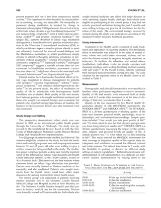 590                                                                                                              CHUNG ET AL.

present moment and one is free from unnecessary mental              sought internal medicine care either had major diseases or
activity.10 The experience is often described by its practition-    were attending regular health checkups. Individuals were
ers as soothing, relaxing, and enjoyable. The tranquility ex-       eligible for participating in the control group if they had not
perienced during meditation is marked by change in                  actively practiced meditation during the past 3 months and
electroencephalography (EEG) patterns in the cortical activity      were willing to forgo any practice of meditation for the du-
of the brain, where elevated a and h oscillating frequencies11,12   ration of the study. The conventional therapy received by
and reduced EEG complexity13 mark a better internal atten-          controls during the study was medical care according to the
tional control14,15 and positive emotional feedback.16 The          standard Western medicine treatment guidelines.
unique EEG patterns observed in Sahaja yoga meditation
distinguishes it from the other two popular meditation prac-        Study Intervention
tices in the West—the Transcendental meditation (TM), in
                                                                       Treatment in the Health Center consisted of daily medi-
which practitioners repeat a word or phrase silently to quiet
                                                                    tation and application of cleansing practices. The therapeutic
and ultimately transcend the internal mental dialogue, and
                                                                    effect of meditation was achieved in the state of mental si-
the Mindfulness meditation, in which practitioners simply
                                                                    lence, where one could better introspect, address, and re-
observe or attend to thoughts, emotions, sensations, or per-
                                                                    solve the distress caused by negative thoughts, emotions, or
ceptions without judgments.17 During TM practice, the in-
                                                                    behaviors. To facilitate the relaxation and mental silence
consistent a amplitude,18,19 decreased h activity,20 and higher
                                                                    (meditation), individuals could do simple exercises and
EEG complexity21 suggest a possible adverse effect on con-
                                                                    cleansing practices, such as deep breathing and foot-soaking
sciousness. In Mindfulness meditation, asymmetric a activa-
                                                                    with salt water.30 In the Health Center, patients continued
tion was observed,22 which was shown to be associated with
                                                                    their standard medical treatment during their stay. The daily
increased defensiveness23 and disproportional anger.24
                                                                    schedule for the inpatient sector in the Health Center is de-
   Clinical studies have documented beneﬁcial effects of Sa-
                                                                    scribed in Table 1.
haja yoga meditation in disease management for patients
with epilepsy,25 essential hypertension,26 asthma,27 meno-
                                                                    Measurement
pausal symptoms,28 and attention deﬁcit-hyperactivity dis-
order.29 In the present study, the effect of meditation on             Demographic and clinical characteristics were recorded at
quality of life in individuals with heterogeneous health            baseline, when participants registered to receive treatment.
conditions was evaluated. Both quality of life and anxiety          Quality of life and anxiety were measured both at study
level between patients who sought meditation treatment and          entry and at 2 weeks after treatment or at the time of dis-
those who sought conventional therapy were examined. For            charge, if their stay was shorter than 2 weeks.
patients who reported having hypertension at baseline, dif-            Quality of life was measured by two World Health Or-
ferences in blood pressure before and after treatment were          ganization Quality of Life (WHOQOL) instruments: the
also compared.                                                      WHOQOL-BREF31 and WHOQOL-SRPB.32 The WHOQOL-
                                                                    BREF is a 26-item questionnaire evaluating quality of life
                                                                    from four domains: physical health, psychologic, social re-
Study Design and Setting
                                                                    lationships, and environment/surroundings. Sample ques-
   This prospective observational cohort study was con-             tions included ‘‘How would you rate your quality of life?’’
ducted in 2008 as an international public health project            and ‘‘To what extent do you feel that physical pain prevents
through the University of Pittsburgh. The study was ap-             you from doing what you need to do?’’ WHOQOL-SRPB is a
proved by the Institutional Review Board in both the Uni-           32-item questionnaire measuring the impact of the spiritu-
versity of Pittsburgh and Mahatma Gandhi Mission Medical            ality, religion, and personal beliefs on quality of life. A
College and Hospital before implementation.                         sample question was ‘‘To what extent do you ﬁnd meaning
   Two (2) groups of patients were enrolled and followed. The       in life?’’ This study selected the WHOQOL instruments for
common eligibility criterion in the study for both the medi-        their coverage of important quality of life aspects, their de-
tation and control groups was men and nonpregnant women             velopment and validation accounted for different cultural
between 18 and 65 years old who were willing to give a              and value systems. The default time frame is 2 weeks, with
written consent for being enrolled in the study. The medita-        the ﬂexibility to prolong or shorten for different study
tion group comprised patients seeking care from the inpatient       settings or patient populations.31 Both instruments were self-
sector of the International Sahaja Yoga Research and Health         administrated. If self-administration was difﬁcult, an inter-
Center (hereafter referred as the Health Center), located at        viewer assisted administration by reading items to the
Navi Mumbai, India. The center was the ﬁrst institute where
treatment based on Sahaja Yoga Meditation was provided.
                                                                     Table 1. Daily Schedule of Activities at the Sahaja
Doctors were formally trained in Western medicine or ho-
                                                                      Yoga Research and Health Center for Inpatients
meopathy and also meditated. Patients who sought treat-
ments from the Health Center could have either major                Time                                    Activity
diseases or be seeking treatment for minor health issues.
   The control group was comprised of patients receiving            05:00                     Wake up, individual meditation
internal medicine care in the Mahatma Gandhi Mission                8:30–9:30                 Collective meditation
Medical College and Hospital located at Navi Mumbai, In-            10:30–14:00               Doctor consultation
dia. The Mahatma Gandhi Mission hospital provided pri-              16:30–18:30               Collective workshop (for example,
                                                                                                foot-soaking)
mary to tertiary medical care for the community. Doctors
                                                                    19:00–20:30               Collective meditation
were formally trained in Western medicine. Individuals who
 