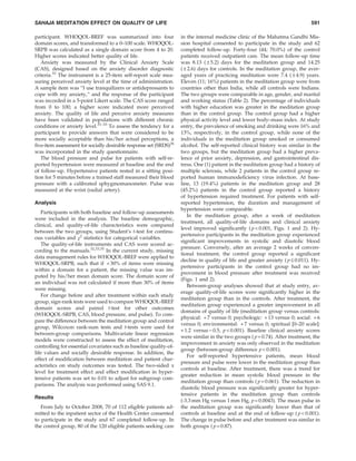 SAHAJA MEDITATION EFFECT ON QUALITY OF LIFE                                                                                     591

participant. WHOQOL-BREF was summarized into four                   in the internal medicine clinic of the Mahatma Gandhi Mis-
domain scores, and transformed to a 0–100 scale. WHOQOL-            sion hospital consented to participate in the study and 62
SRPB was calculated as a single domain score from 4 to 20.          completed follow-up. Forty-four (44; 70.0%) of the control
Higher scores indicated better quality of life.                     patients received outpatient care. The mean follow-up time
   Anxiety was measured by the Clinical Anxiety Scale               was 8.13 ( – 5.2) days for the meditation group and 14.25
(CAS), designed based on the anxiety disorder diagnostic            ( – 2.6) days for controls. In the meditation group, the aver-
criteria.33 The instrument is a 25-item self-report scale mea-      aged years of practicing meditation were 7.4 ( – 4.9) years.
suring perceived anxiety level at the time of administration.       Eleven (11; 16%) patients in the meditation group were from
A sample item was ‘‘I use tranquilizers or antidepressants to       countries other than India, while all controls were Indians.
cope with my anxiety,’’ and the response of the participant         The two groups were comparable in age, gender, and marital
was recorded in a 5-point Likert scale. The CAS score ranged        and working status (Table 2). The percentage of individuals
from 0 to 100; a higher score indicated more perceived              with higher education was greater in the meditation group
anxiety. The quality of life and perceive anxiety measures          than in the control group. The control group had a higher
have been validated in populations with different chronic           physical activity level and lower body–mass index. At study
conditions or anxiety level.31–33 To assess the tendency for a      entry, the prevalence of smoking and drinking were 16% and
participant to provide answers that were considered to be           13%, respectively, in the control group, while none of the
more socially acceptable than his/her actual perceptions, a         individuals in the meditation group smoked or consumed
ﬁve-item assessment for socially desirable response set (SRDS)34    alcohol. The self-reported clinical history was similar in the
was incorporated in the study questionnaire.                        two groups, but the meditation group had a higher preva-
   The blood pressure and pulse for patients with self-re-          lence of prior anxiety, depression, and gastrointestinal dis-
ported hypertension were measured at baseline and the end           tress. One (1) patient in the meditation group had a history of
of follow-up. Hypertensive patients rested in a sitting posi-       multiple sclerosis, while 2 patients in the control group re-
tion for 5 minutes before a trained staff measured their blood      ported human immunodeﬁciency virus infection. At base-
pressure with a calibrated sphygmomanometer. Pulse was              line, 13 (19.4%) patients in the meditation group and 28
measured at the wrist (radial artery).                              (45.2%) patients in the control group reported a history
                                                                    of hypertension required treatment. For patients with self-
Analysis                                                            reported hypertension, the duration and management of
                                                                    hypertension were comparable.
   Participants with both baseline and follow-up assessments
                                                                       In the meditation group, after a week of meditation
were included in the analysis. The baseline demographic,
                                                                    treatment, all quality-of-life domains and clinical anxiety
clinical, and quality-of-life characteristics were compared
                                                                    level improved signiﬁcantly ( p < 0.001, Figs. 1 and 2). Hy-
between the two groups, using Student’s t-test for continu-
                                                                    pertensive participants in the meditation group experienced
ous variables and v2 statistics for categorical variables.
                                                                    signiﬁcant improvements in systolic and diastolic blood
   The quality-of-life instruments and CAS were scored ac-
                                                                    pressure. Conversely, after an average 2 weeks of conven-
cording to the manuals.32,33,35 In the current study, missing
                                                                    tional treatment, the control group reported a signiﬁcant
data management rules for WHOQOL-BREF were applied to
                                                                    decline in quality of life and greater anxiety ( p £ 0.011). Hy-
WHOQOL-SRPB, such that if < 30% of items were missing
                                                                    pertensive participants in the control group had no im-
within a domain for a patient, the missing value was im-
                                                                    provement in blood pressure after treatment was received
puted by his/her mean domain score. The domain score of
                                                                    (Figs. 1 and 2).
an individual was not calculated if more than 30% of items
                                                                       Between-group analyses showed that at study entry, av-
were missing.
                                                                    erage quality-of-life scores were signiﬁcantly higher in the
   For change before and after treatment within each study
                                                                    meditation group than in the controls. After treatment, the
group, sign-rank tests were used to compare WHOQOL-BREF
                                                                    meditation group experienced a greater improvement in all
domain scores and paired t-test for other outcomes
                                                                    domains of quality of life (meditation group versus controls:
(WHOQOL-SRPB, CAS, blood pressure, and pulse). To com-
                                                                    physical: + 7 versus 0; psychologic: + 13 versus 0; social: + 6
pare the difference between the meditation group and control
                                                                    versus 0; environmental: + 7 versus 0; spiritual [0–20 scale]:
group, Wilcoxon rank-sum tests and t-tests were used for
                                                                    + 1.2 versus - 0.5, p < 0.001). Baseline clinical anxiety scores
between-group comparisons. Multivariate linear regression
                                                                    were similar in the two groups ( p = 0.74). After treatment, the
models were constructed to assess the effect of meditation,
                                                                    improvement in anxiety was only observed in the meditation
controlling for essential covariates such as baseline quality-of-
                                                                    group (between-group difference p < 0.001).
life values and socially desirable response. In addition, the
                                                                       For self-reported hypertensive patients, mean blood
effect of modiﬁcation between meditation and patient char-
                                                                    pressure and pulse were lower in the meditation group than
acteristics on study outcomes was tested. The two-sided a
                                                                    controls at baseline. After treatment, there was a trend for
level for treatment effect and effect modiﬁcation in hyper-
                                                                    greater reduction in mean systolic blood pressure in the
tensive patients was set to 0.01 to adjust for subgroup com-
                                                                    meditation group than controls ( p = 0.061). The reduction in
parisons. The analysis was performed using SAS 9.1.
                                                                    diastolic blood pressure was signiﬁcantly greater for hyper-
                                                                    tensive patients in the meditation group than controls
Results
                                                                    (-3.3 mm Hg versus 1 mm Hg, p = 0.0043). The mean pulse in
   From July to October 2008, 70 of 112 eligible patients ad-       the meditation group was signiﬁcantly lower than that of
mitted to the inpatient sector of the Health Center consented       controls at baseline and at the end of follow-up ( p < 0.001).
to participate in the study and 67 completed follow-up. In          The change in pulse before and after treatment was similar in
the control group, 80 of the 120 eligible patients seeking care     both groups ( p = 0.87).
 