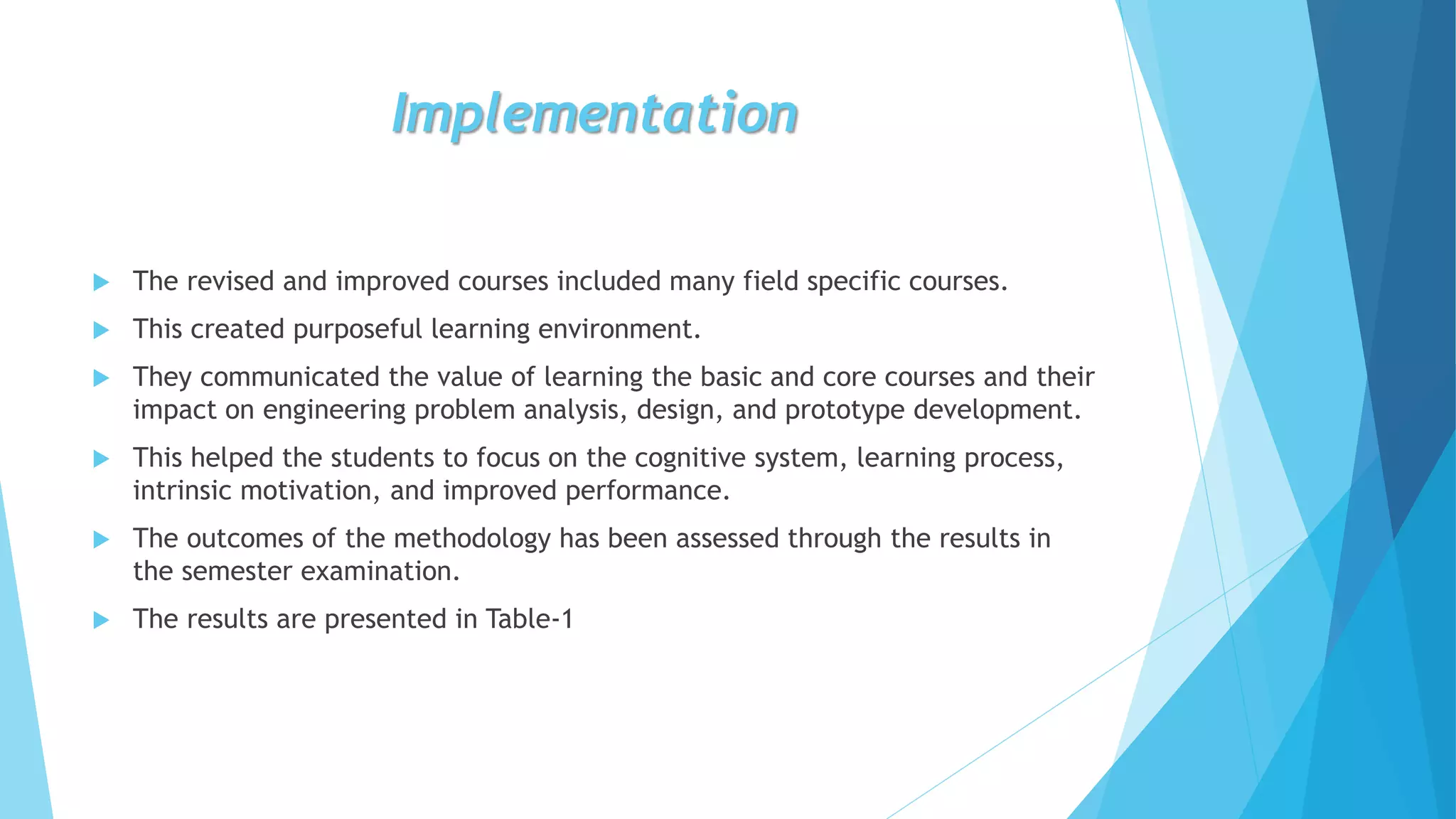 Implementation
 The revised and improved courses included many field specific courses.
 This created purposeful learning environment.
 They communicated the value of learning the basic and core courses and their
impact on engineering problem analysis, design, and prototype development.
 This helped the students to focus on the cognitive system, learning process,
intrinsic motivation, and improved performance.
 The outcomes of the methodology has been assessed through the results in
the semester examination.
 The results are presented in Table-1
 