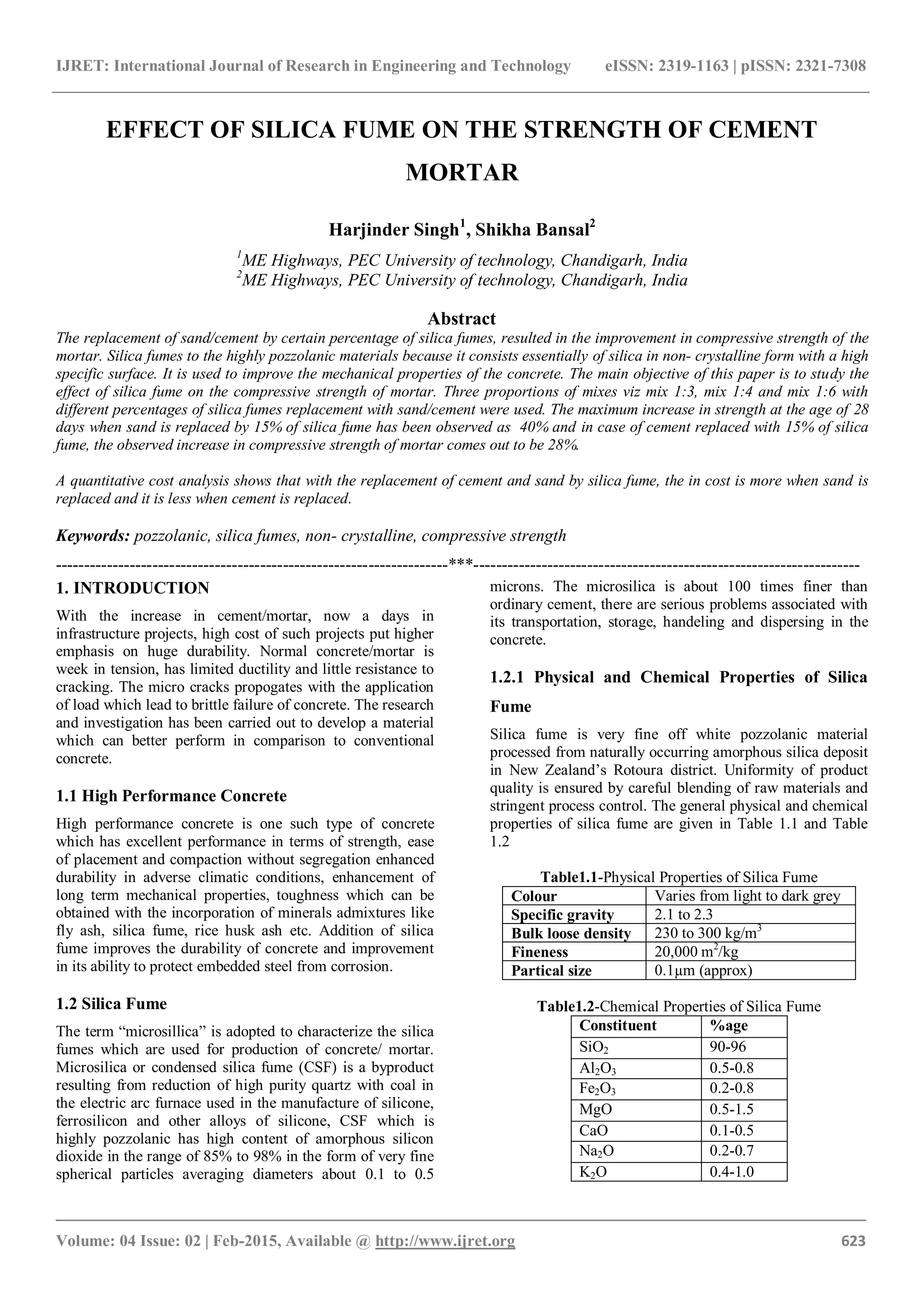 Effect of silica fume on the strength of cement mortar | PDF