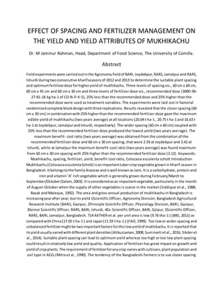Effect of spacing and fertilizer management on the yield and yield attributes of mukhikachu