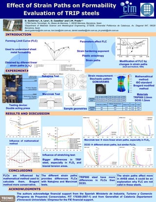 EXPERIMENTAL PROCEDURE  D. Gutiérrez 1 , A. Lara 1 , D. Casellas 1  and J.M. Prado 1,2   1 CTM-Centre Tecnològic, Av. Bases de Manresa, 1, 08240 Manresa, Barcelona, Spain 2 Department of Materials Science and Metallurgical Engineering, ETSEIB, Universitat Politècnica de Catalunya, Av.  Diagonal 647, 08028 Barcelona, Spain david.gutierrez@ctm.com.es, toni.lara@ctm.com.es, daniel.casellas@ctm.com.es, jm.prado@ctm.com.es RESULTS AND DISCUSSION CONCLUSIONS INTRODUCTION Effect of Strain Paths on Formability Evaluation of TRIP steels ACKNOWLEGMENTS Used to understand sheet metal formability Forming Limit Curve (FLC) Obtained by diferent linear strain paths ( ε 2 /ε 1 )   Parameters affect FLC Strain hardening exponent Plastic anisotropy Strain paths Modification of FLC by changes in strain paths  (Graf and Hosford, 1994) Nakajima Test Marciniak Test Sample geometries Strain measurement: Stochastic pattern  GOM/ARAMIS Testing device: Double acting press   Materials   TRIP800 2.0mm DC03 1.5mm   Mathemathical method: ISO standard Bragard modified method The authors acknowledge financial support from the Spanish  Ministerio de Industria, Turismo y Comercio  (Programa de Proyectos Consorciados, FIT 170300-2007-1) and from Generalitat of Catalonia  Departament d’Innovació Universitats i Empresa  for the FIE financial support. FLCs are influenced by mathematical method used to calculate them. Bragard method more conservative. Influence of mathematical method Influence of stretching test: Bigger differences in TRIP steel, especially in FLD 0  and biaxial tension areas. Marciniak test    more linear strain paths, especially in FLD 0 . DC03    different strain paths, but similar FLCs. The different strain paths provides differences FLCs with Nakajima and Marciniak tests. TRIP800 steel have more differences in FLCs than DC03. The strain paths affect more in AHSS steel, it could be an explanation why FLC are not valid in these steels. 