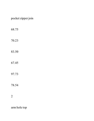 pocket zipper join
68.75
70.23
83.50
67.45
97.73
78.54
2
arm hole top
 