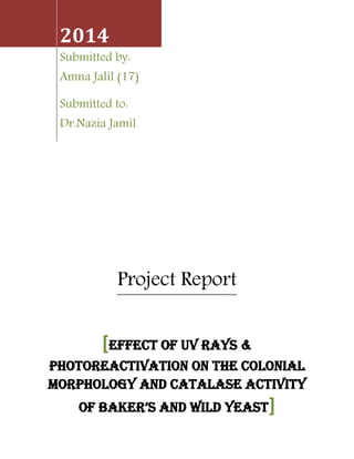 Project Report
2014
Submitted by:
Amna Jalil (17)
Submitted to:
Dr.Nazia Jamil
[EFFECT OF UV RAYS &
PHOTOREACTIVATION ON THE COLONIAL
MORPHOLOGY AND CATALASE ACTIVITY
OF BAKER’S AND WILD YEAST]
 