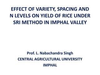 EFFECT OF VARIETY, SPACING AND
N LEVELS ON YIELD OF RICE UNDER
SRI METHOD IN IMPHAL VALLEY
Prof. L. Nabachandra Singh
CENTRAL AGRICULTURAL UNIVERSITY
IMPHAL
 