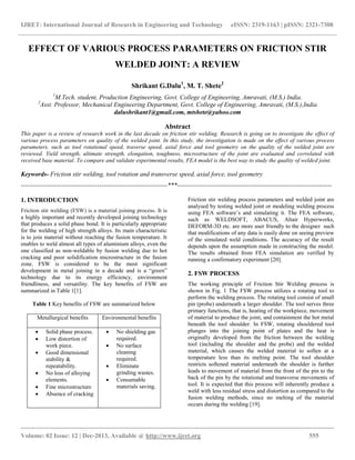 Effect of various process parameters on friction stir welded joint | PDF