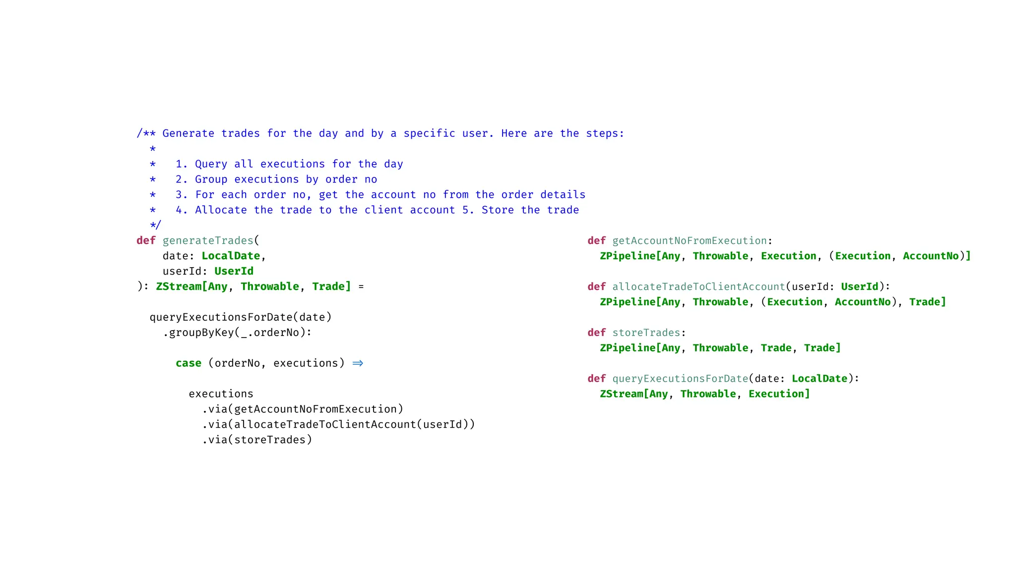 /** Generate trades for the day and by a specif
i
c user. Here are the steps:
*
* 1. Query all executions for the day
* 2. Group executions by order no
* 3. For each order no, get the account no from the order details
* 4. Allocate the trade to the client account 5. Store the trade
*
/
def generateTrades(
date: LocalDate,
userId: UserId
)
:
ZStream[Any, Throwable, Trade] =
queryExecutionsForDate(date)
.groupByKey(_.orderNo)
:
case (orderNo, executions)
=
>
executions
.via(getAccountNoFromExecution)
.via(allocateTradeToClientAccount(userId))
.via(storeTrades)
def getAccountNoFromExecution:
ZPipeline[Any, Throwable, Execution, (Execution, AccountNo)]
def allocateTradeToClientAccount(userId: UserId)
:
ZPipeline[Any, Throwable, (Execution, AccountNo), Trade]
def storeTrades:
ZPipeline[Any, Throwable, Trade, Trade]
def queryExecutionsForDate(date: LocalDate)
:
ZStream[Any, Throwable, Execution]
 