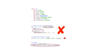 trait Trade:
def id: String
def userId: UserId
def symbol: String
def quantity: Double
def price: Option[Double]
def taxFees: Map[String, Double]
def tradeDate: LocalDate
def settlementDate: LocalDate
)
/
/
compute the net value of the trade
val computeTradeValue: Trade
=
>
Double =
trade
=
>
trade.quantity *
trade.price +
trade.taxFees.foldLeft(0.0)(_ + _._2)
/
/
update daily ledger for trades
val updateDailyTradeBooks: Double
=
>
Unit = tradeValue
=
>
???
/
/
compose
val posting: Trade
=
>
Unit =
computeTradeValue andThen updateDailyTradeBooks
 