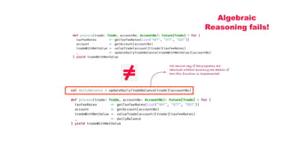val dailyBalance = updateDailyTradeBalance(trade)(accountNo)
def process(trade: Trade, accountNo: AccountNo)
:
Future[Trade] = for {
taxFeeRates
<
-
getTaxFeeRates(List("VAT", "STT", "GST"))
account
<
-
getAccount(accountNo)
tradeWithNetValue
<
-
valueTrade(account)(trade)(taxFeeRates)
_
<
-
dailyBalance
} yield tradeWithNetValue
def process(trade: Trade, accountNo: AccountNo)
:
Future[Trade] = for {
taxFeeRates
<
-
getTaxFeeRates(List("VAT", "STT", "GST"))
account
<
-
getAccount(accountNo)
tradeWithNetValue
<
-
valueTrade(account)(trade)(taxFeeRates)
_
<
-
updateDailyTradeBalance(tradeWithNetValue)(accountNo)
} yield tradeWithNetValue
We cannot say if the programs are
identical without knowing the details of
how this function is implemented.
Algebraic
Reasoning fails!
 