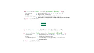 val dailyBalance = updateDailyTradeBalance(trade)(accountNo)
def process(trade: Trade, accountNo: AccountNo)
:
IO[Trade] = for {
taxFeeRates
<
-
getTaxFeeRates(List("VAT", "STT", "GST"))
account
<
-
getAccount(accountNo)
tradeWithNetValue
<
-
valueTrade(account)(trade)(taxFeeRates)
_
<
-
dailyBalance
} yield tradeWithNetValue
def process(trade: Trade, accountNo: AccountNo)
:
IO[Trade] = for {
taxFeeRates
<
-
getTaxFeeRates(List("VAT", "STT", "GST"))
account
<
-
getAccount(accountNo)
tradeWithNetValue
<
-
valueTrade(account)(trade)(taxFeeRates)
_
<
-
updateDailyTradeBalance(tradeWithNetValue)(accountNo)
} yield tradeWithNetValue
 