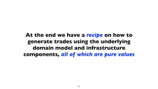 At the end we have a recipe on how to
generate trades using the underlying
domain model and infrastructure
components, all of which are pure values
55
 