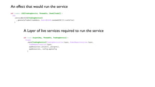 val trades: ZIO[TradingService, Throwable, Chunk[Trade]] =
ZIO
.serviceWithZIO[TradingService](
_.generateTrades(tradeDate, UserId(UUID.randomUUID())).runCollect
)
An effect that would run the service
val live: ZLayer[Any, Throwable, TradingService] =
ZLayer
.make[TradingService](TradingServiceLive.layer, OrderRepositoryLive.layer,
TradeRepositoryLive.layer,
appResourcesL.project(_.postgres),
appResourcesL, conf
i
g.appConf
i
g
)
A Layer of live services required to run the service
 