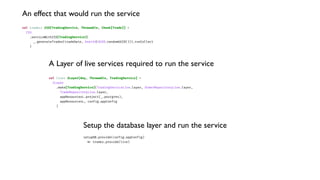 val trades: ZIO[TradingService, Throwable, Chunk[Trade]] =
ZIO
.serviceWithZIO[TradingService](
_.generateTrades(tradeDate, UserId(UUID.randomUUID())).runCollect
)
An effect that would run the service
val live: ZLayer[Any, Throwable, TradingService] =
ZLayer
.make[TradingService](TradingServiceLive.layer, OrderRepositoryLive.layer,
TradeRepositoryLive.layer,
appResourcesL.project(_.postgres),
appResourcesL, conf
i
g.appConf
i
g
)
A Layer of live services required to run the service
setupDB.provide(conf
i
g.appConf
i
g)
*
>
trades.provide(live)
Setup the database layer and run the service
 