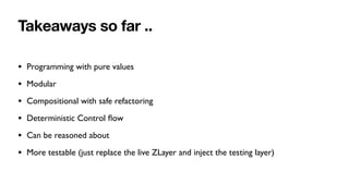 Takeaways so far ..
• Programming with pure values
• Modular
• Compositional with safe refactoring
• Deterministic Control
fl
ow
• Can be reasoned about
• More testable (just replace the live ZLayer and inject the testing layer)
 