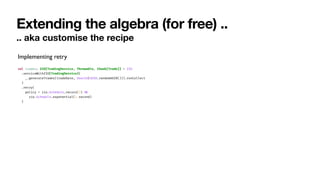 Extending the algebra (for free) ..
.. aka customise the recipe
val trades: ZIO[TradingService, Throwable, Chunk[Trade]] = ZIO
.serviceWithZIO[TradingService](
_.generateTrades(tradeDate, UserId(UUID.randomUUID())).runCollect
)
.retry(
policy = zio.Schedule.recurs(3)
&
&
zio.Schedule.exponential(1.second)
)
Implementing retry
 