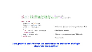 def foo(n: Int)
:
ZIO[Any, Nothing, Int] = ZIO.succeed(n)
def bar(n: Boolean)
:
ZIO[Any, Nothing, Boolean] = ZIO.succeed(n)
val r = for {
f
i
ber1
<
-
foo(10).fork
f
i
ber2
<
-
bar(true).fork
valid
<
-
f
i
ber2.join
_
<
-
if (!valid) f
i
ber1.interrupt
else ZIO.unit
done
<
-
f
i
ber1.join
} yield done
• Implements algebra of concurrency on the base effect
• Non blocking semantics
• Fibers are green threads on top of OS threads
• Resource safe
Fine grained control over the semantics of execution through
algebraic composition
 