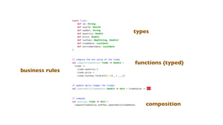 trait Trade:
def id: String
def userId: UserId
def symbol: String
def quantity: Double
def price: Double
def taxFees: Map[String, Double]
def tradeDate: LocalDate
def settlementDate: LocalDate
)
/
/
compute the net value of the trade
val computeTradeValue: Trade
=
>
Double =
trade
=
>
trade.quantity *
trade.price +
trade.taxFees.foldLeft(0.0)(_ + _._2)
/
/
update daily ledger for trades
val updateDailyTradeBooks: Double
=
>
Unit = tradeValue
=
>
???
/
/
compose
val posting: Trade
=
>
Unit =
computeTradeValue andThen updateDailyTradeBooks
types
functions (typed)
composition
business rules
 