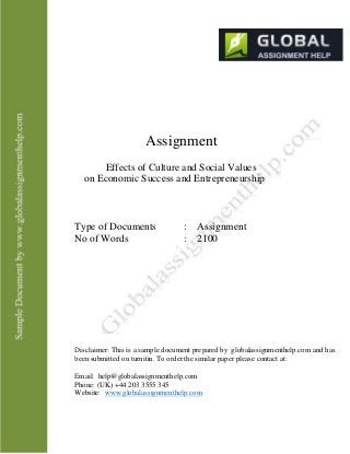 Assignment
Effects of Culture and Social Values
on Economic Success and Entrepreneurship
Type of Documents
No of Words
: A...