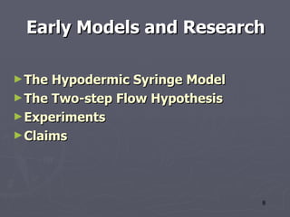 Early Models and Research The Hypodermic Syringe Model The Two-step Flow Hypothesis Experiments Claims 