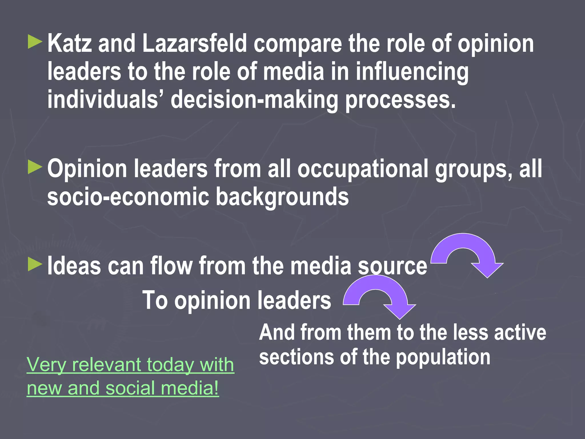 ► Katz and Lazarsfeld compare the role of opinion
  leaders to the role of media in influencing
  individuals’ decision-making processes.

► Opinion leaders from all occupational groups, all
  socio-economic backgrounds

► Ideas can flow from the media source
             To opinion leaders
                           And from them to the less active
Very relevant today with   sections of the population
new and social media!
 