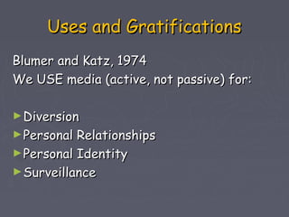 Uses and Gratifications
Blumer and Katz, 1974
We USE media (active, not passive) for:

► Diversion
► Personal Relationships
► Personal Identity
► Surveillance
 