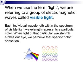 When we use the term “light”, we are
referring to a group of electromagnetic
waves called visible light.
Each individual wavelength within the spectrum
of visible light wavelength represents a particular
color. When light of that particular wavelength
strikes our eye, we perceive that specific color
sensation.
 