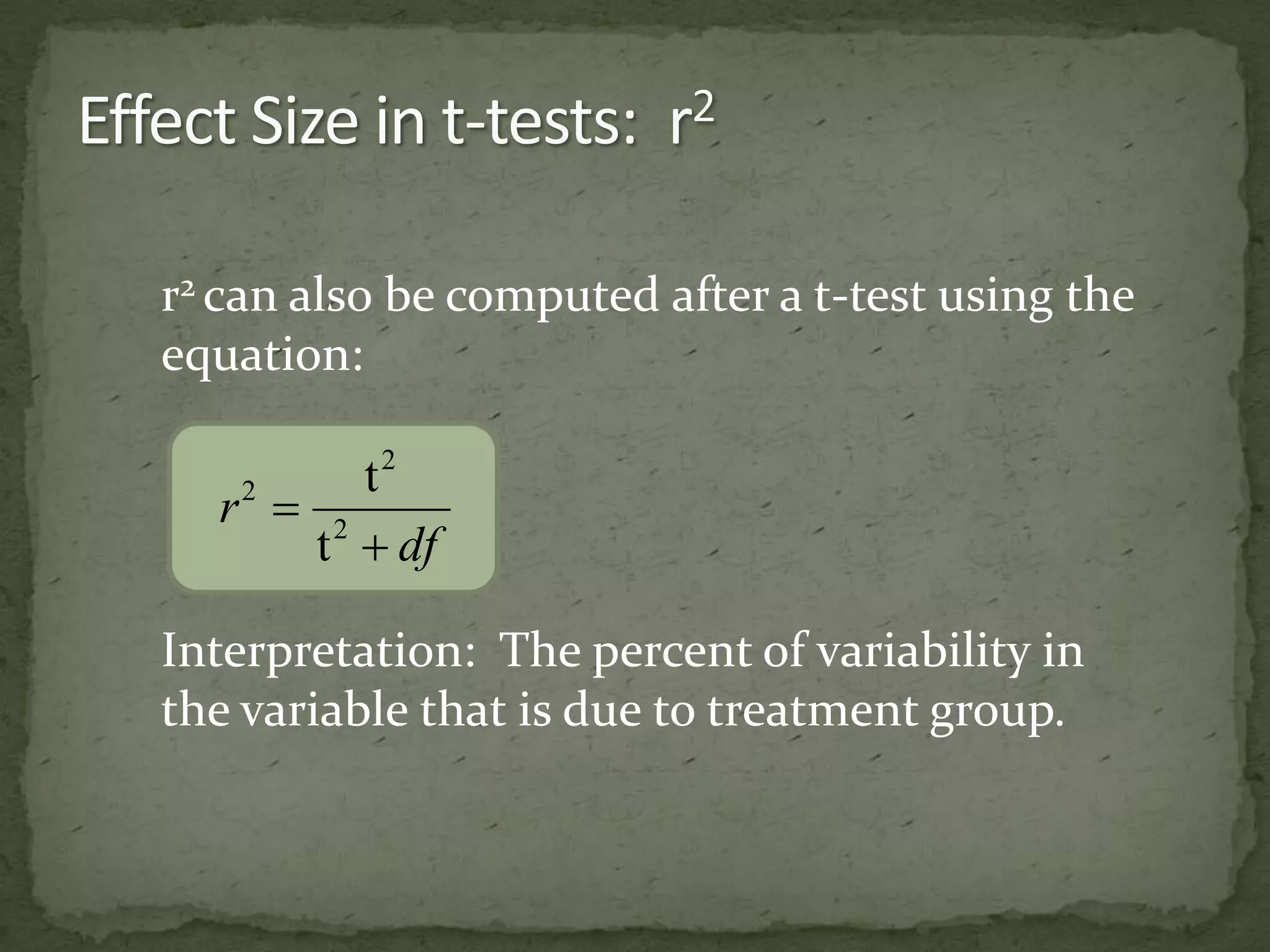 r2 can also be computed after a t-test using the 
equation: 
df 
r 
2 
t 
 
 2 
2 
t 
Interpretation: The percent of variability in 
the variable that is due to treatment group. 
 